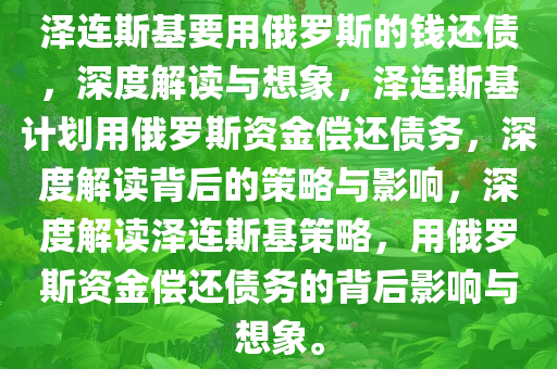 泽连斯基要用俄罗斯的钱还债，深度解读与想象，泽连斯基计划用俄罗斯资金偿还债务，深度解读背后的策略与影响，深度解读泽连斯基策略，用俄罗斯资金偿还债务的背后影响与想象。