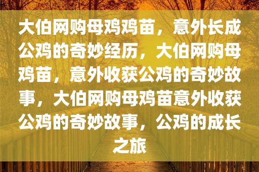 大伯网购母鸡鸡苗，意外长成公鸡的奇妙经历，大伯网购母鸡苗，意外收获公鸡的奇妙故事，大伯网购母鸡苗意外收获公鸡的奇妙故事，公鸡的成长之旅