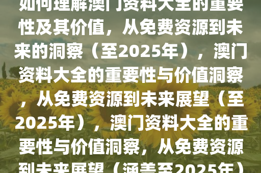 如何理解澳门资料大全的重要性及其价值，从免费资源到未来的洞察（至2025年），澳门资料大全的重要性与价值洞察，从免费资源到未来展望（至2025年），澳门资料大全的重要性与价值洞察，从免费资源到未来展望（涵盖至2025年）